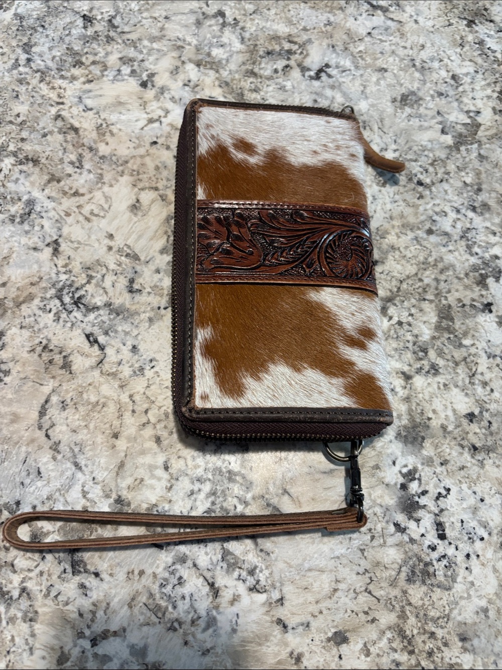 Cowhide Zip Wristlet Wallet with Tooled Leather Accent - Brown & White